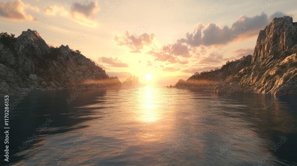 Obraz premium Sunset over Calm Coastal Mountains: A Serene Golden Hour Landscape