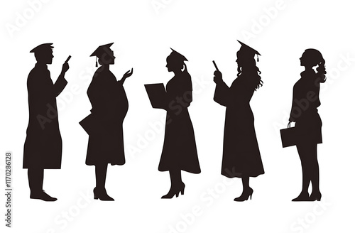 Silhouette of happy students celebrating their Graduation isolated on white background.PNG