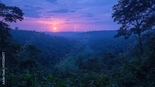Wallpaper Mural Lightning storm over a lush green jungle valley at sunset. Torontodigital.ca
