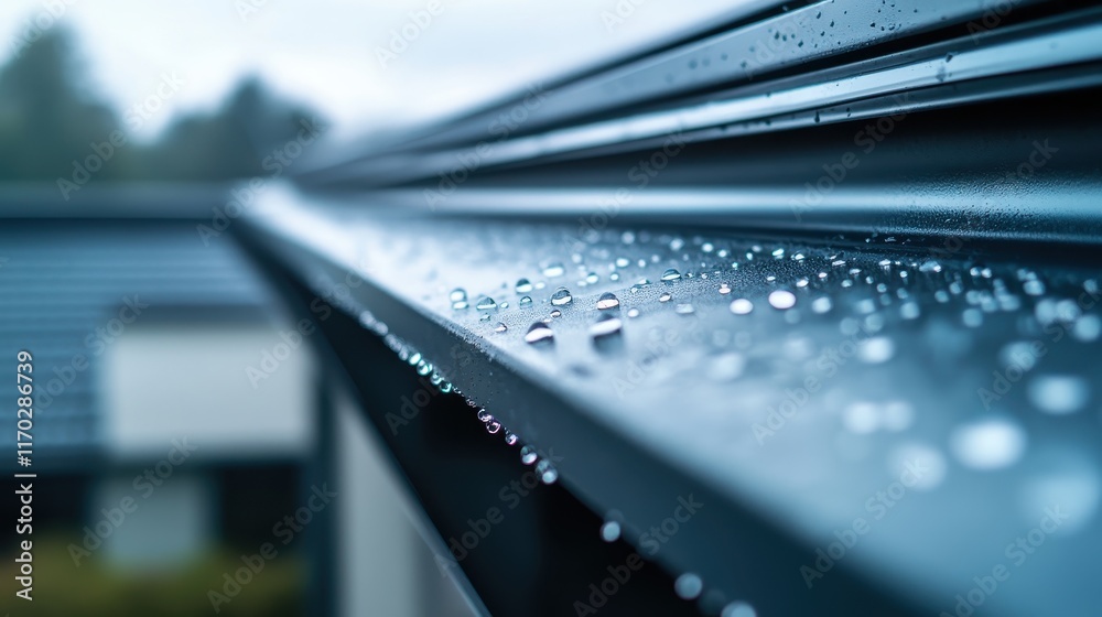 Droplets of rain collect on a metal surface, displaying a close-up view that captures the beauty of water on a rainy day Droplets of rain collect on a metal surface, displaying a close-up view that captures the beauty of water on a rainy day