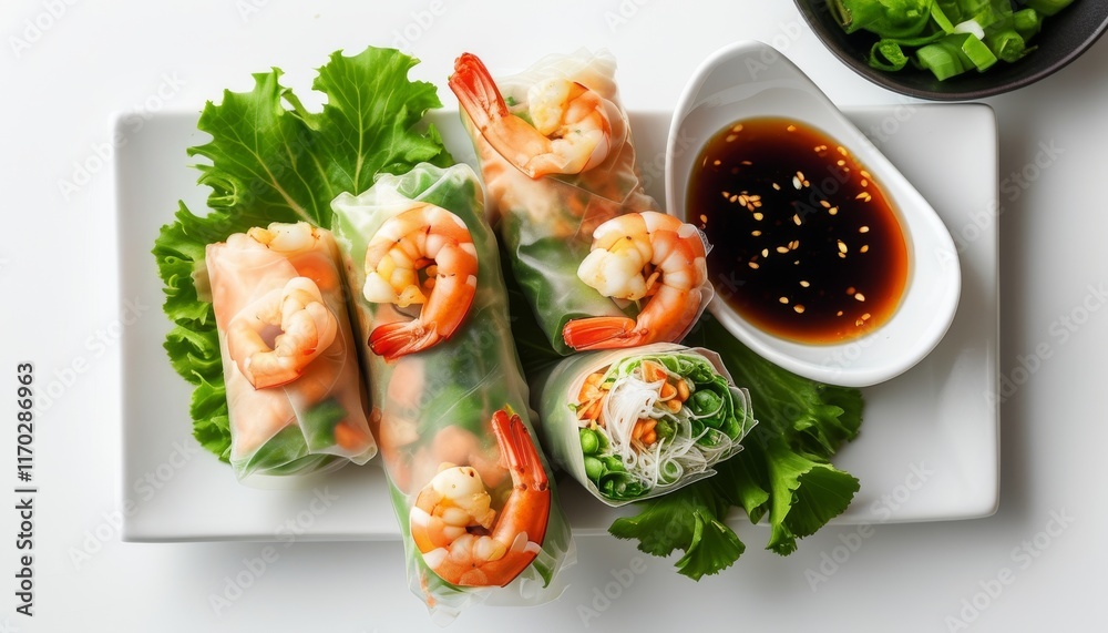 Fresh Shrimp Spring Rolls with Dipping Sauce and Green Garnish on a White Plate Fresh Shrimp Spring Rolls with Dipping Sauce and Green Garnish on a White Plate