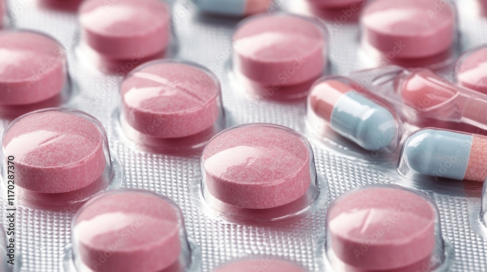 Round pink tablets with white-blue capsules and medicine packaging background Round pink tablets with white-blue capsules and medicine packaging background