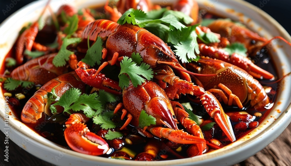 Spicy Sichuan Mala Crayfish Dish with Fresh Herbs and Peppers in Bowl Spicy Sichuan Mala Crayfish Dish with Fresh Herbs and Peppers in Bowl