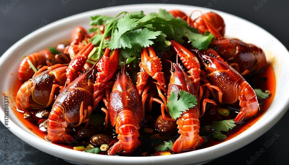 Spicy Sichuan Mala Crayfish in a Bowl with Fresh Herbs and Chili Oil Garnish