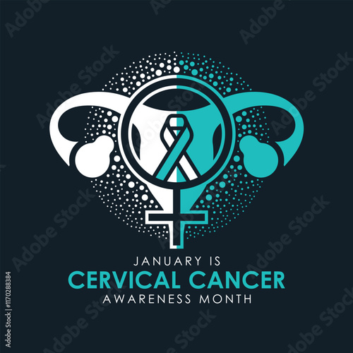 January is cervical cancer awareness month - Teal white ribbon in femal symbol on uterus sign and circle bubbles around on black background vector design