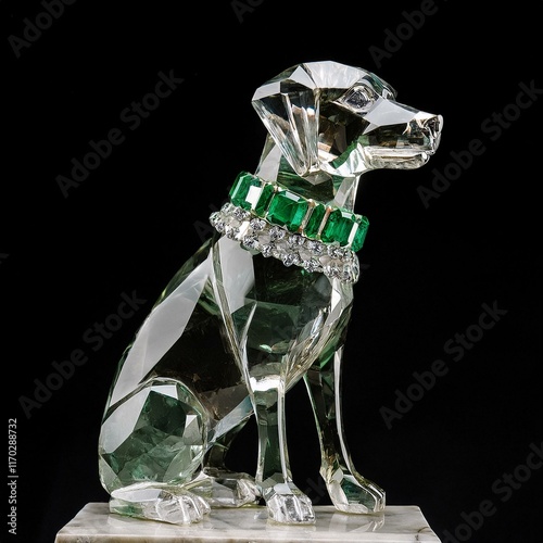 Faceted crystal dog with diamonds and emeralds
