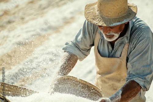 A salt farmer at work. Traditional salt farming
