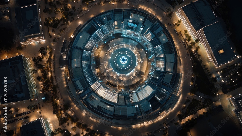 Aerial Night View of a Circular Modern Building Complex Aerial Night View of a Circular Modern Building Complex