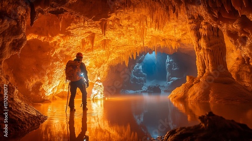 Adventurer Exploring a Luminous Orange Cave System