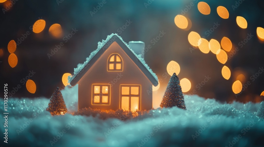 Illuminated miniature house in snowy scene with bokeh lights. Illuminated miniature house in snowy scene with bokeh lights.