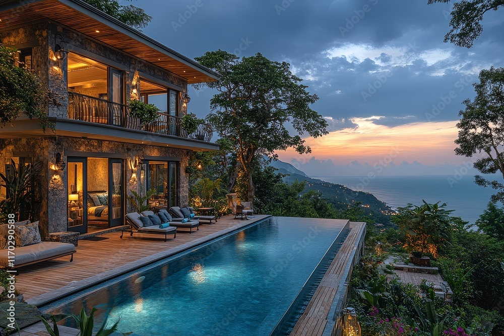 Fototapeta premium Luxury villa with swimming pool and wooden deck overlooking Phuket beach, ocean view, dark clouds, and panoramic night sky.