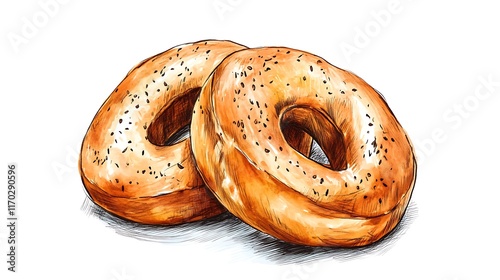 Two Delicious Sesame Bagels, Watercolor Illustration photo