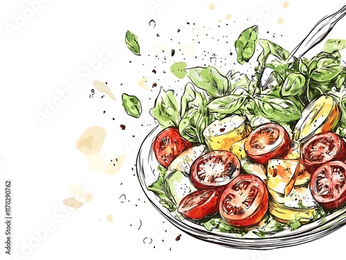 Vibrant Tomato and Basil Salad Sketch - Fresh Healthy Food Illustration