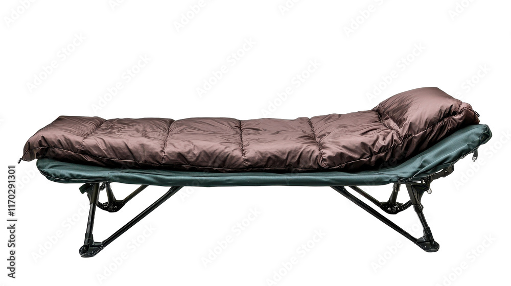 Comfortable folding camping cot for outdoor relaxation. transparent background