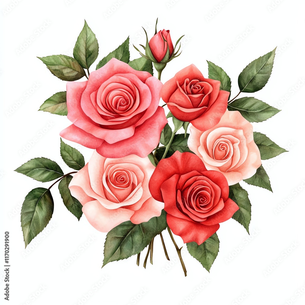 A beautiful arrangement of pink, red, and white roses surrounded by lush green leaves, symbolizing love and elegance. A beautiful arrangement of pink, red, and white roses surrounded by lush green leaves, symbolizing love and elegance.