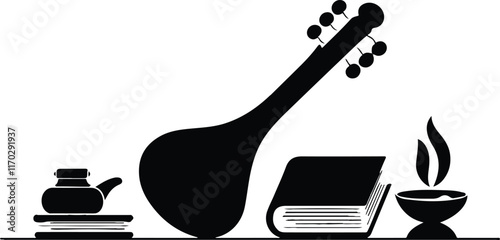 This image features a silhouette of a string instrument, possibly a sitar, a book, a small pot, and a diya (oil lamp).