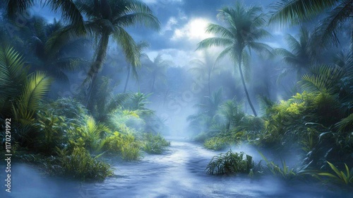 Mystical moonlit tropical river scene with lush vegetation and fog.