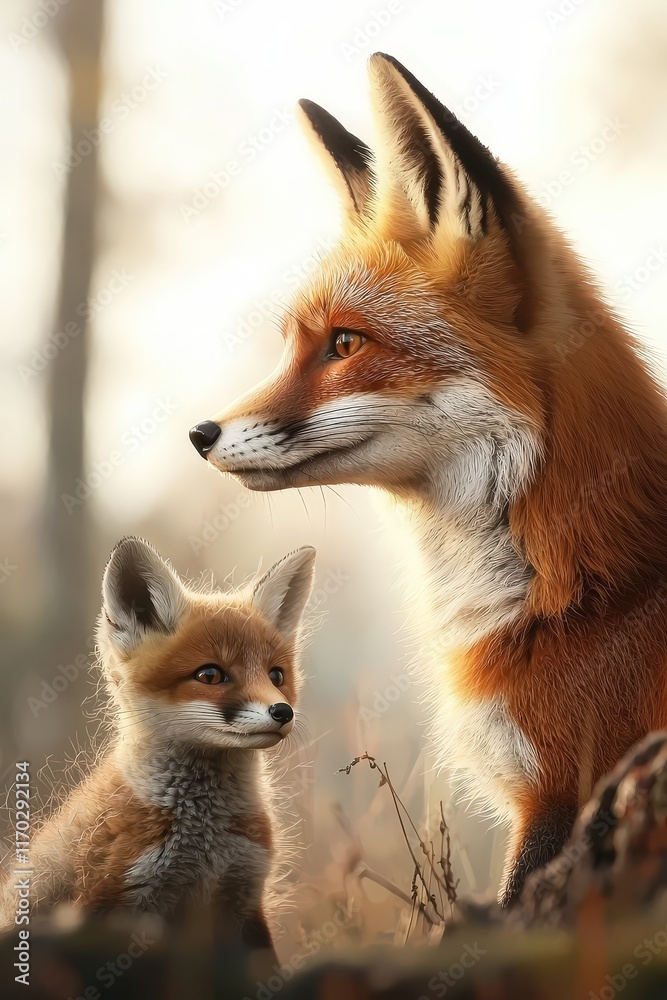 A fox watching over her kits as they play in the forest. A fox watching over her kits as they play in the forest.