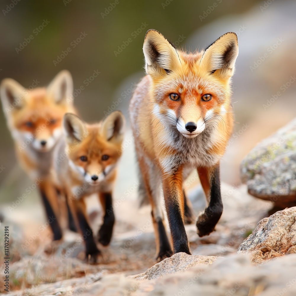 Fototapeta premium A fox showing her kits how to navigate a rocky hillside.