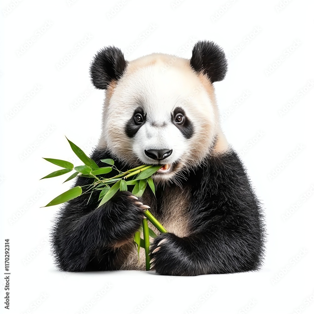 Naklejka premium A cute panda munching on bamboo, showcasing its distinctive black and white fur and playful demeanor.