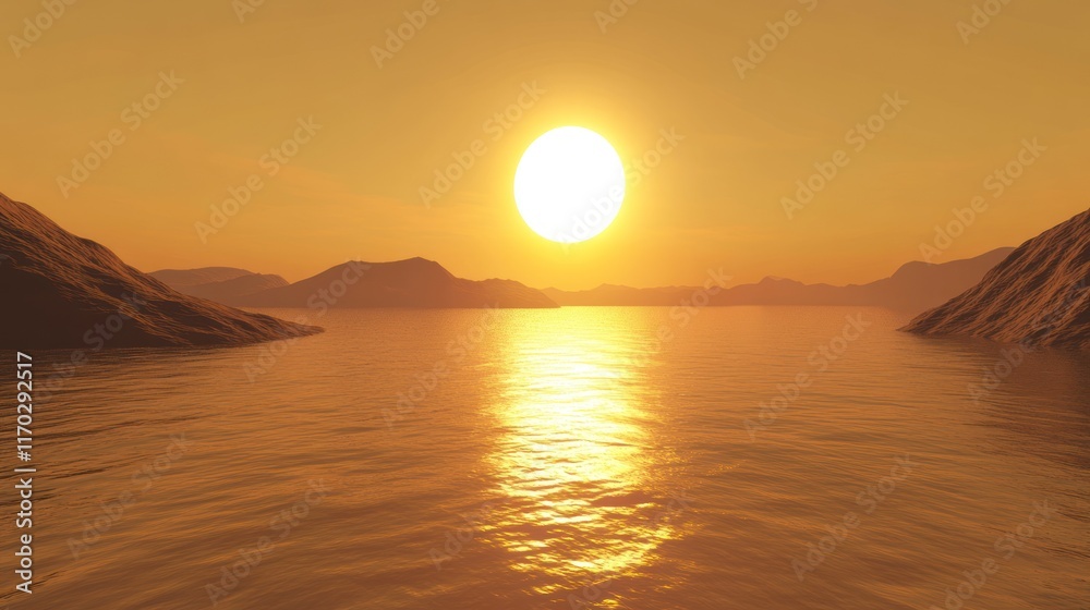 Naklejka premium Golden Hour Sunset over Serene Waters and Mountains