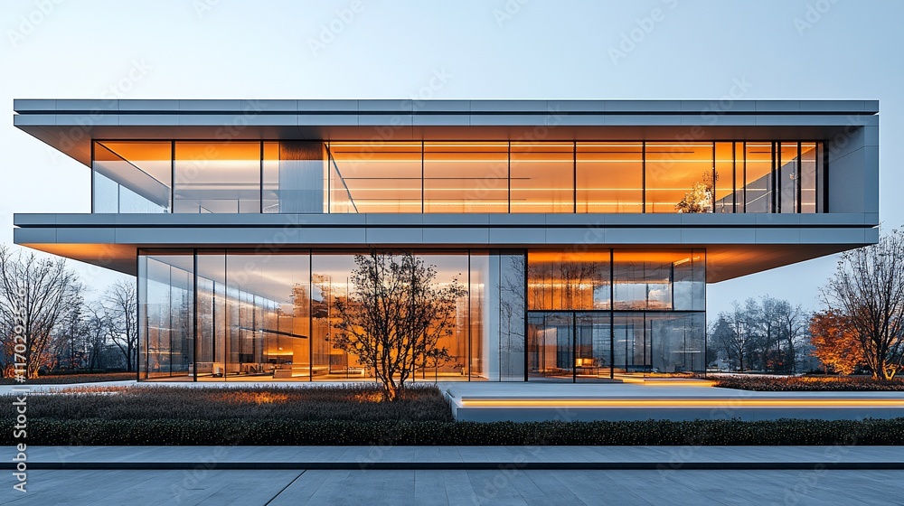 Fototapeta premium Modern Glass House Illuminated At Dusk