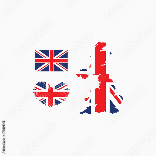 UK map with flag imbedded inside with 2 United Kingdom flags heart flag and straight flag vector illustration