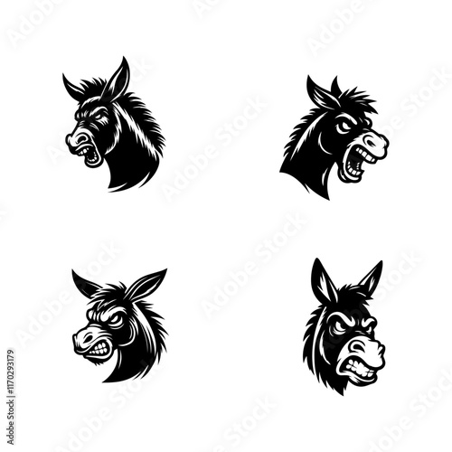 set of black and white angry donkey.