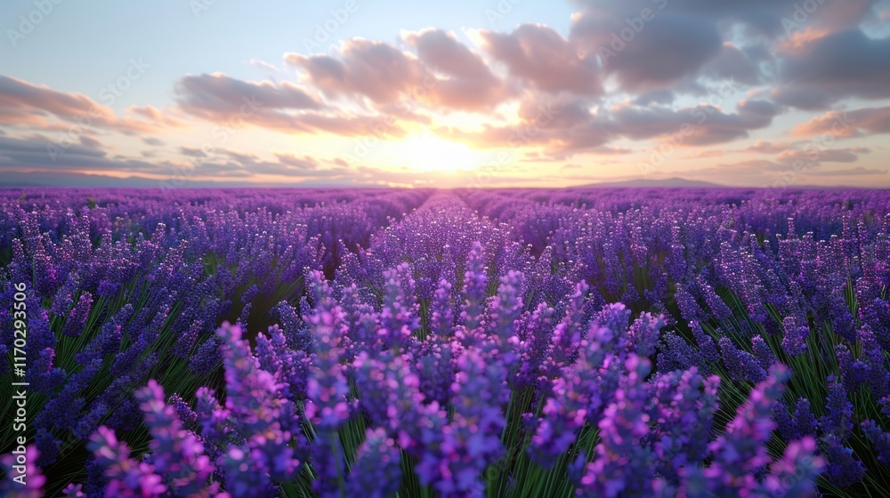 Fototapeta premium Lavender Sunset: A Serene Field of Purple at Golden Hour