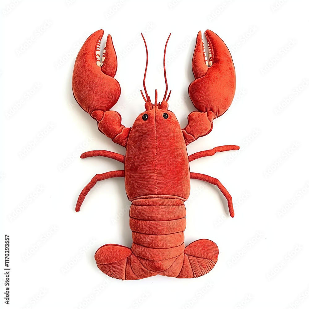 A vibrant red plush lobster with prominent claws, showcasing a playful and whimsical design, perfect for decor or as a toy.