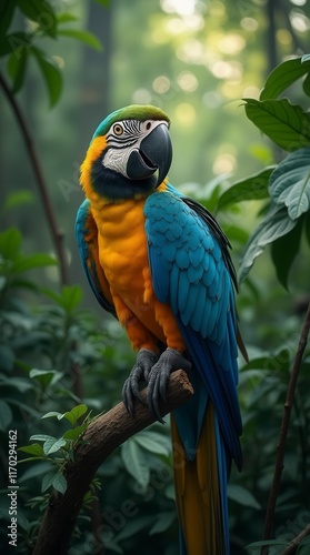 In The Lush Depths Of The Tropical Jungle, A Majestic Macaw Perches Proudly Amidst A Canopy Of Vibrant Foliage