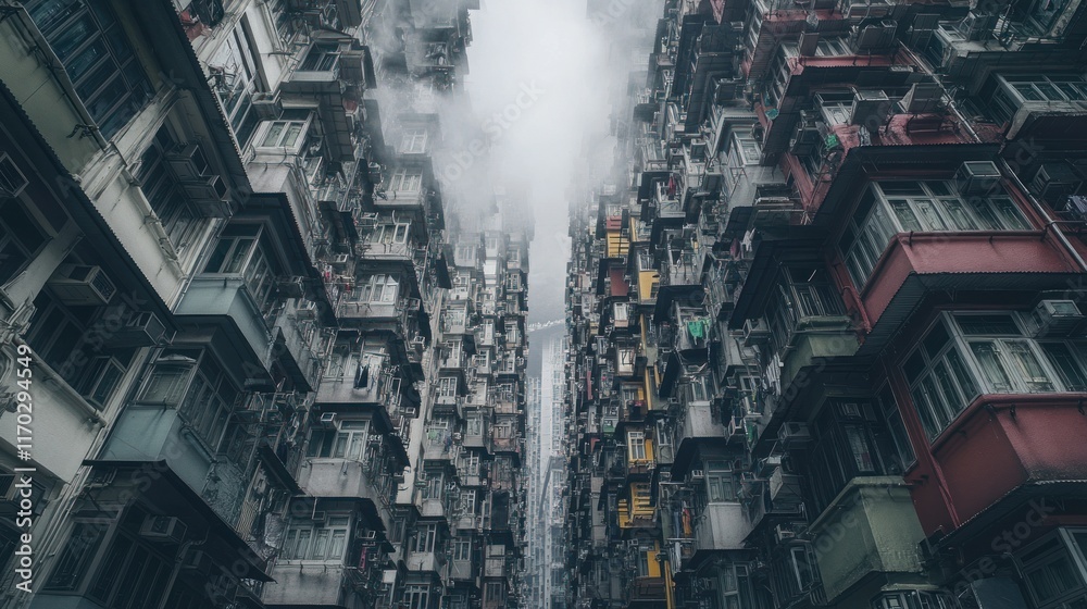 Dense Urban Habitat: A Low-Angle View Unique Apartment Buildings