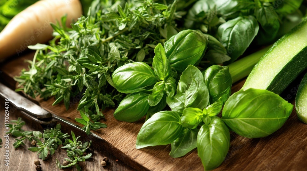 Fresh herbs and vegetables on a wooden cutting board. Fresh herbs and vegetables on a wooden cutting board.