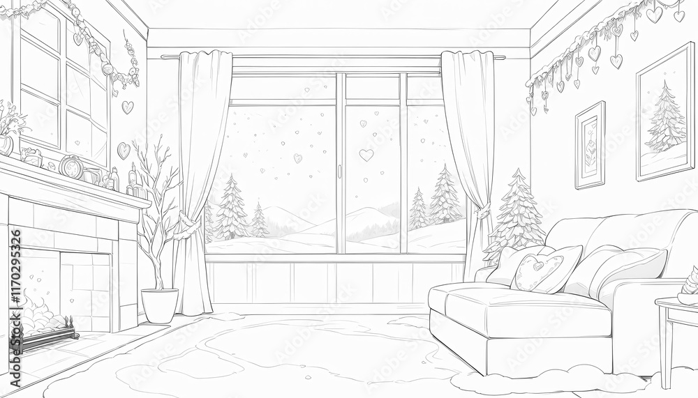 Fototapeta premium Cozy winter living room with a view of snowy trees.