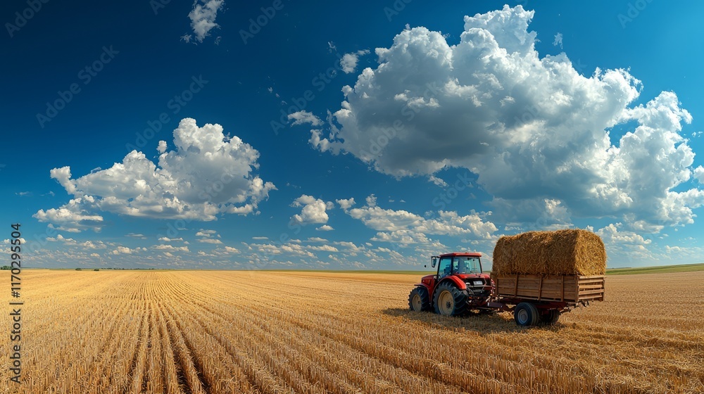 Obraz premium Tractor with Hay Bales on Sunny Farm Landscape