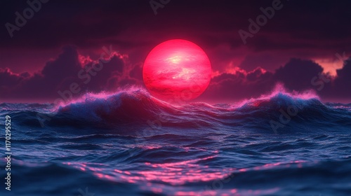 Wallpaper Mural Crimson sunset over dramatic ocean waves. Torontodigital.ca