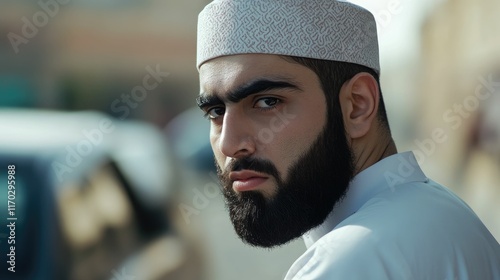 Close-up portrait of a young man with a beard wearing a traditional Muslim cap, looking intensely at the camera. photo