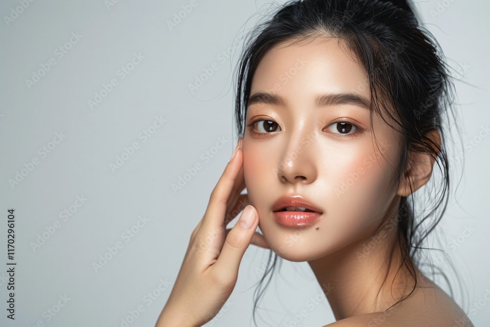Beautiful portrait of asian woman with skincare for advertisment on gray background Beautiful portrait of asian woman with skincare for advertisment on gray background