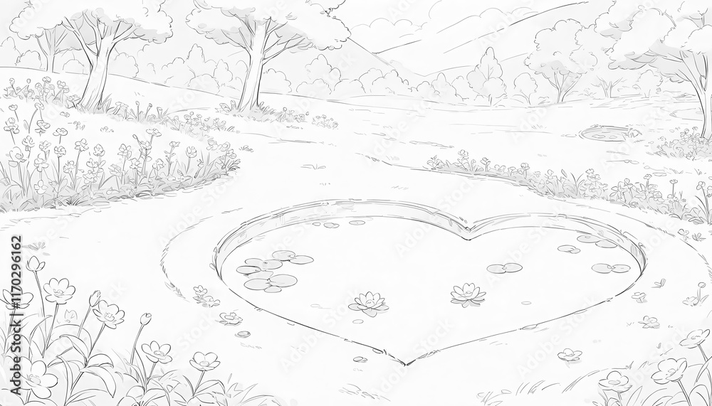 Obraz premium A serene landscape featuring a heart-shaped pond surrounded by nature.