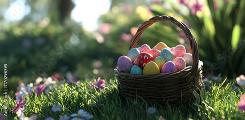 Colorful Easter eggs in a woven basket on a meadow under a sunny sky with mountains in the background