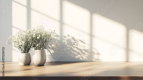 White flowers in vases on wooden surface bathed in sunlight