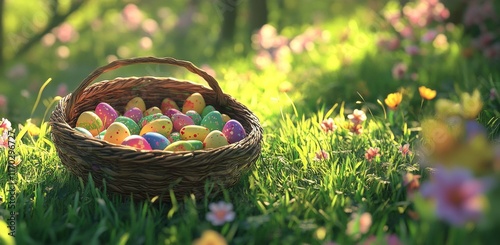 Colorful Easter eggs in a woven basket on a meadow under a sunny sky with mountains in the background