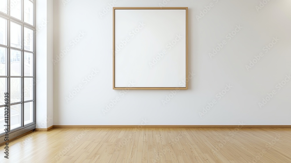 Bright modern interior with wooden floor, large window, and empty picture frame on white wall. Minimalist design photo. Bright modern interior with wooden floor, large window, and empty picture frame on white wall. Minimalist design photo.