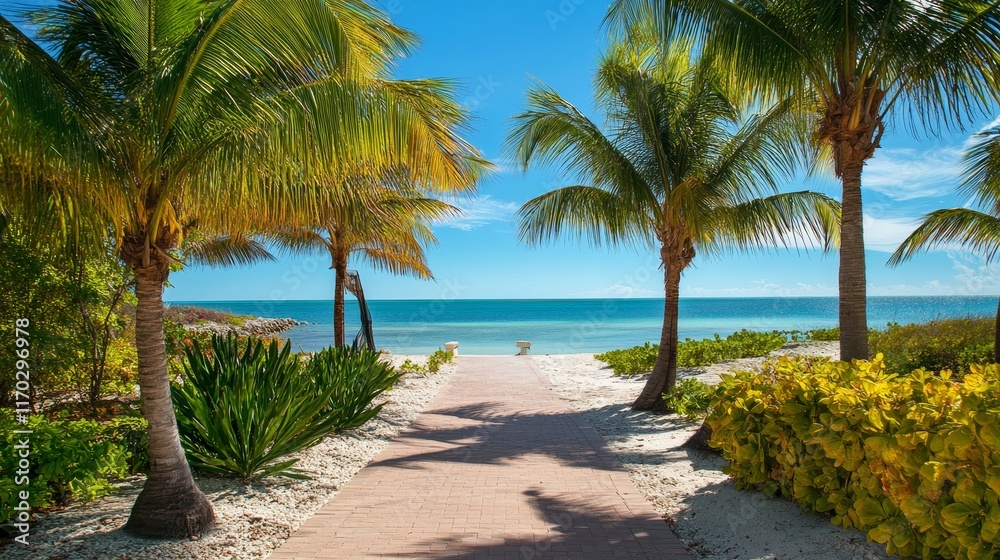 Obraz premium coastal path with lush palm trees and green grass