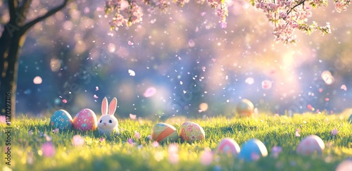 Rabbit among colorful Easter eggs in a sunlit garden during springtime
