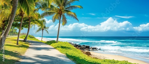 coastal path with lush palm trees and green grass  photo