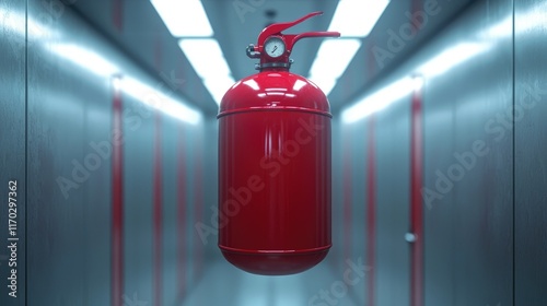 Wallpaper Mural Red fire extinguisher hanging in a long metallic corridor. Torontodigital.ca