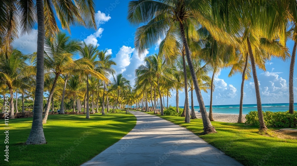 Beautiful walkway with palm trees along the beach Beautiful walkway with palm trees along the beach