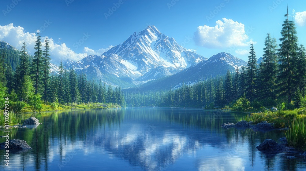 Majestic snow-capped mountain reflected in a serene lake, surrounded by lush evergreen forest under a vibrant blue sky. Majestic snow-capped mountain reflected in a serene lake, surrounded by lush evergreen forest under a vibrant blue sky.