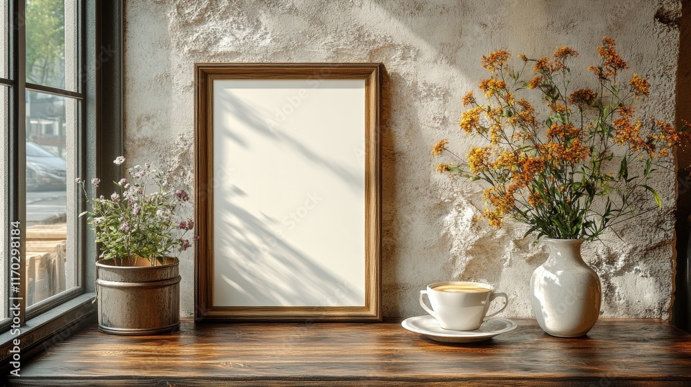Fototapeta premium Cozy Cafe Window Sill Still Life: Blank Frame, Flowers, Coffee